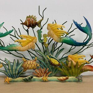 Vintage 27x45x6 Handmade Primitive Nautical Mermaids Fish Turtles Metal Wall Art